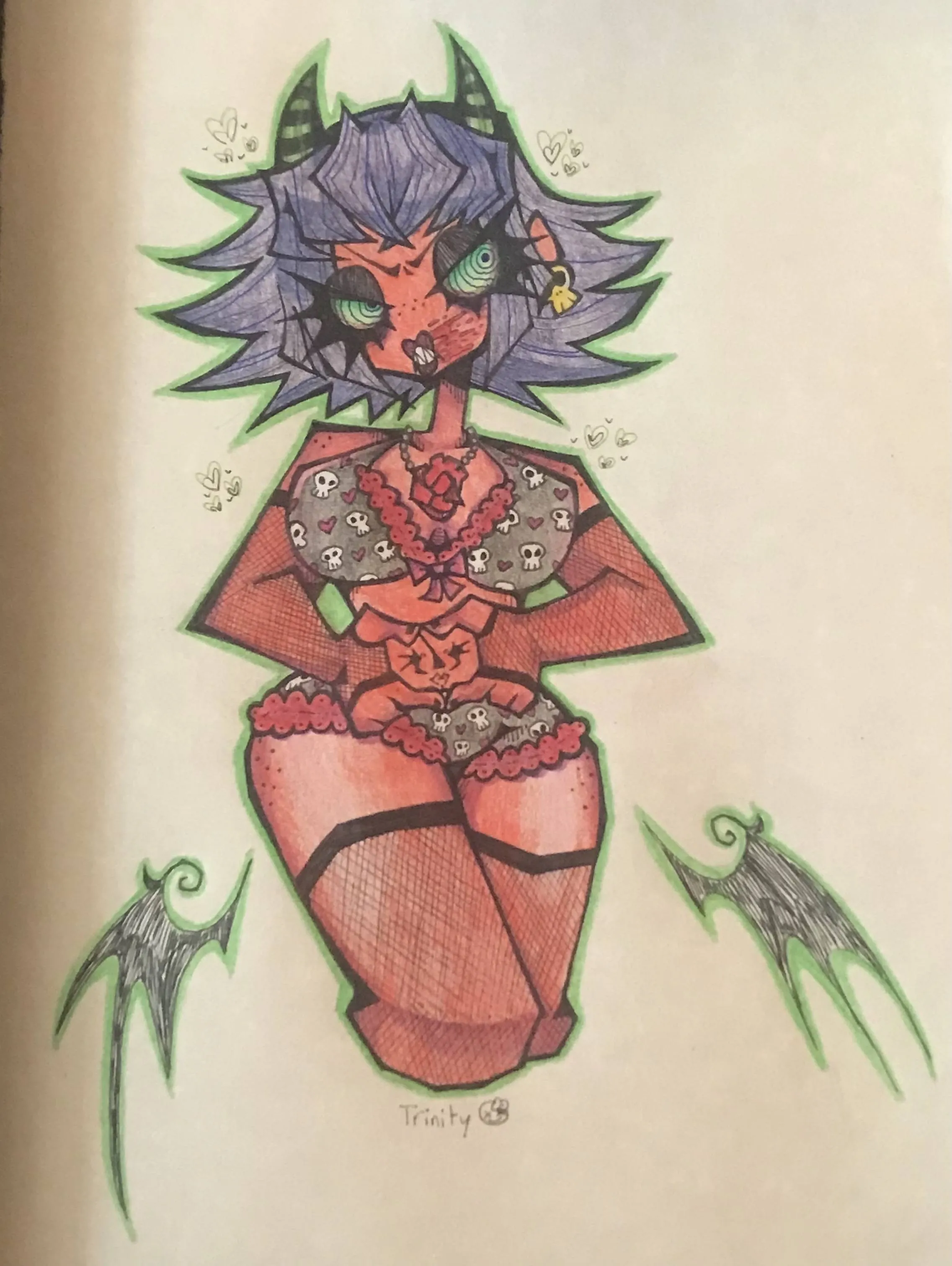 A red devil girl wearing black lingerie patterned with skulls and hearts, a necklace with a heart pendant, and skull earrings. She has purple hair, green striped horns, green eyes, and is wearing heavy makeup with blood smeared on her mouth. She's making a heart symbol with her hands.