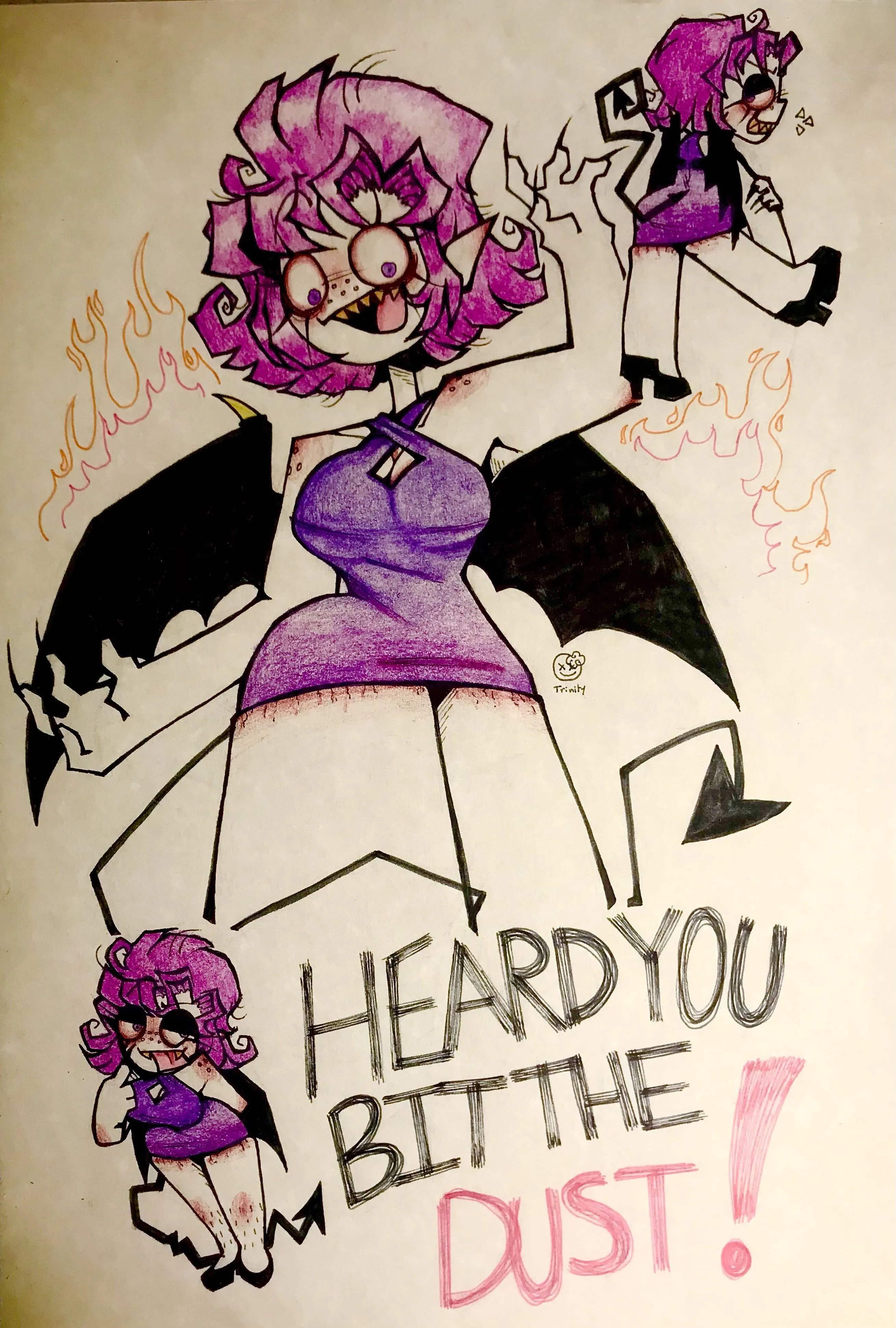 An early design of Bonnie Valentine, where she is more humanoid. She has purple hair and is wearing a tight, short-cut dress with a cleavage window. She's staring down at the viewer as a fire blazes behind her, two chibi versions of her are framing the main image, and below her is the text 'I Heard You Bit The Dust!'