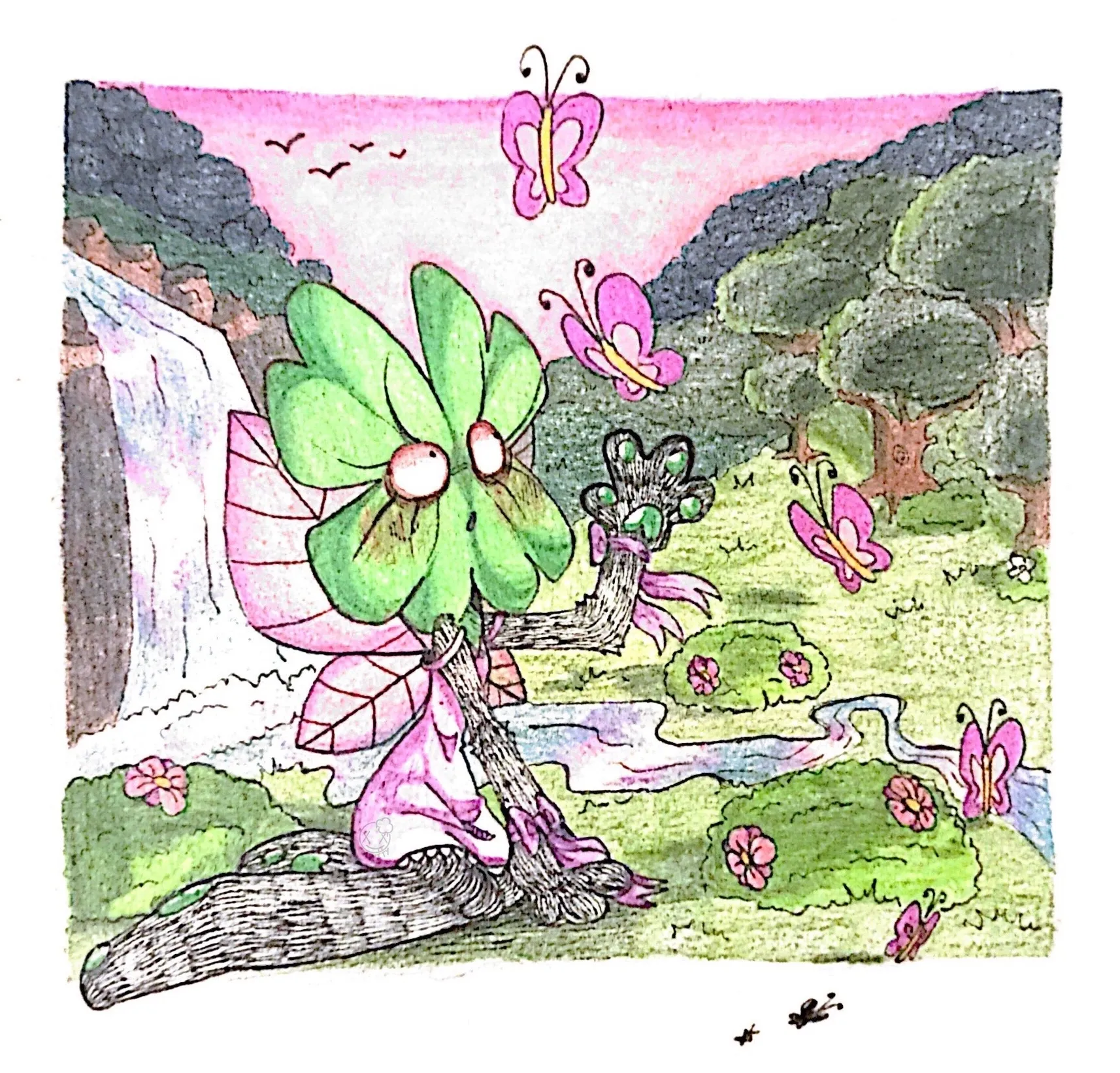Clover from Inanimate Insanity, with butterfly wings and a white dress, sitting in a beautiful forest and reaching up curiously at the butterflies flittering around her.