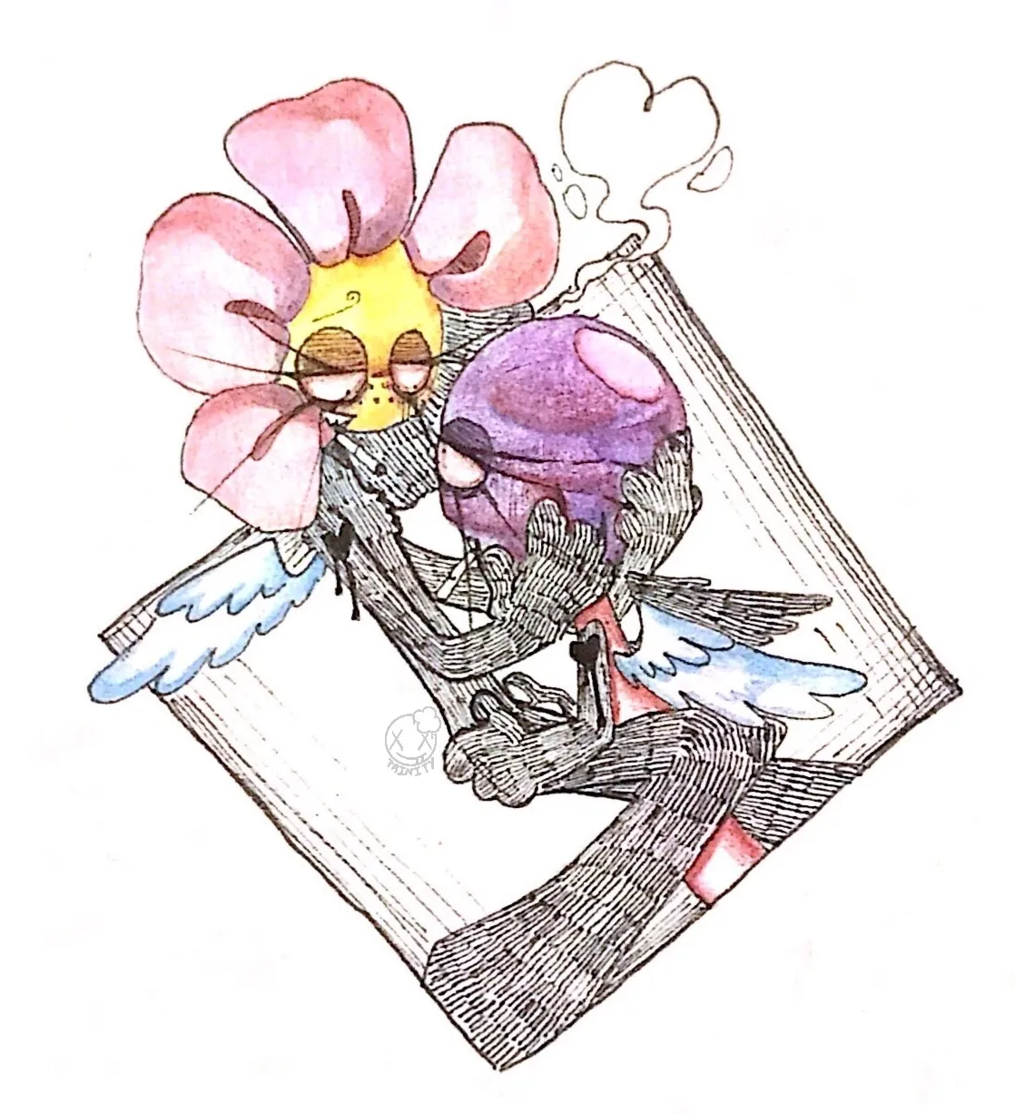 Flower and Lollipop from Battle For Dream Island, depicted as angels, holding each other, looking at each other lovingly, with cigarettes hanging out of their mouths.