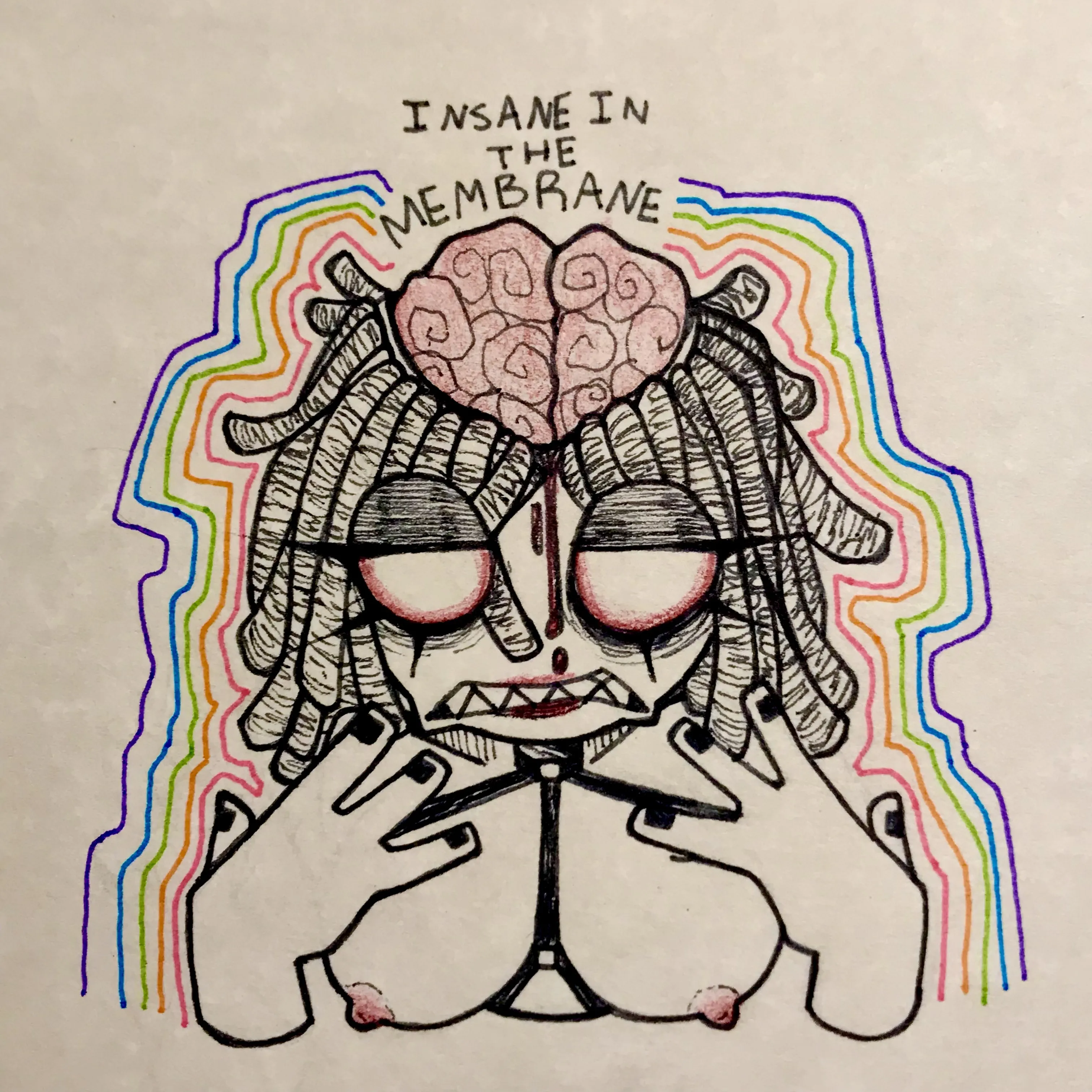 A topless woman in a harness and pupilless eyes stares into the camera with a scowl. Her brain is exposed at the top of her head. Lyrics from the Cypress Hill song 'Insane In The Brain' are written above her.