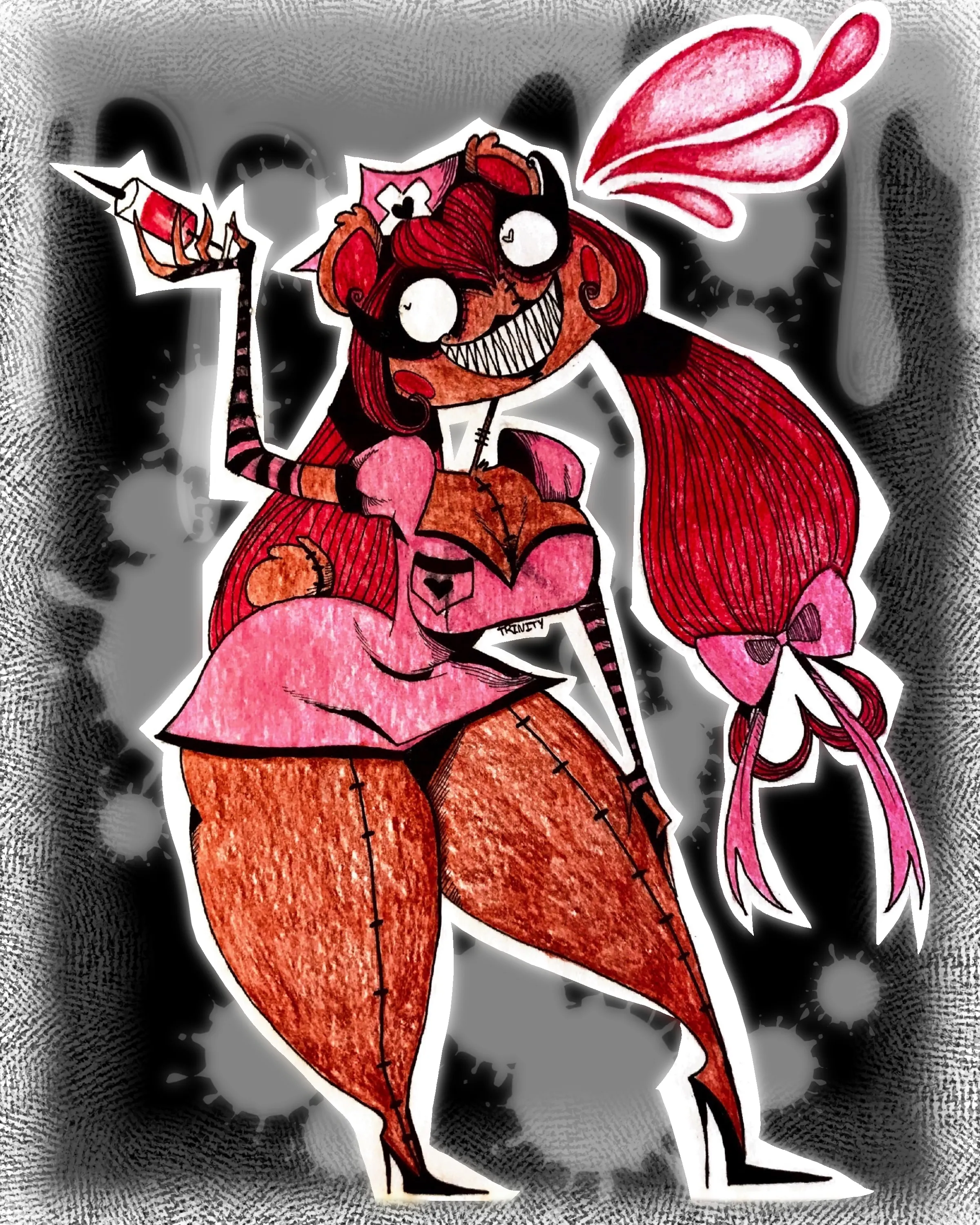 An older design of Annie Sthesia, depicted as a teddy bear, in a pink nurse outfit with striped arm warmers, and holding up a syringe.