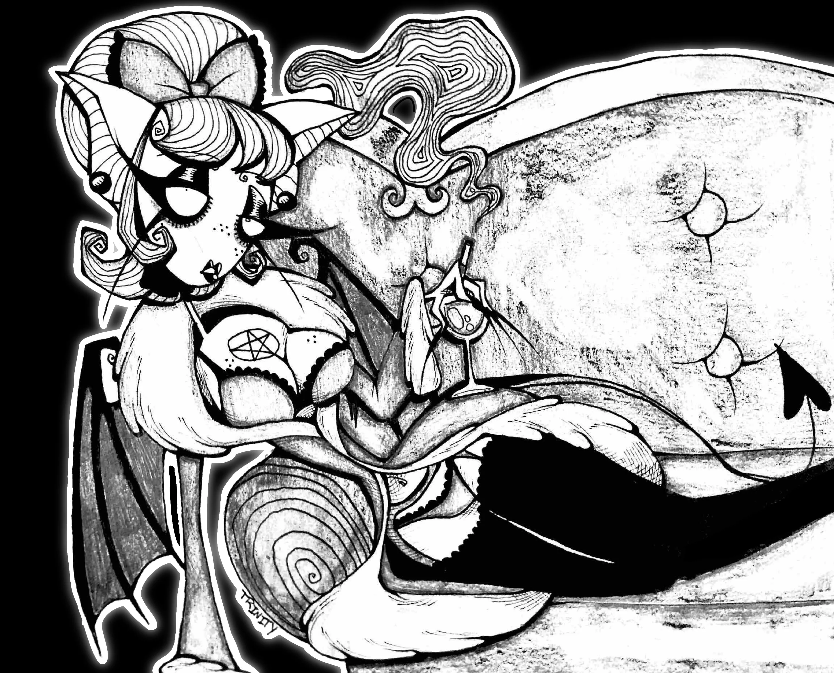 A black and white drawing of Bonnie Valentine in a fluffy robe and lingerie, draping herself over a fancy couch. She's holding a cigarette and a bottle of wine.