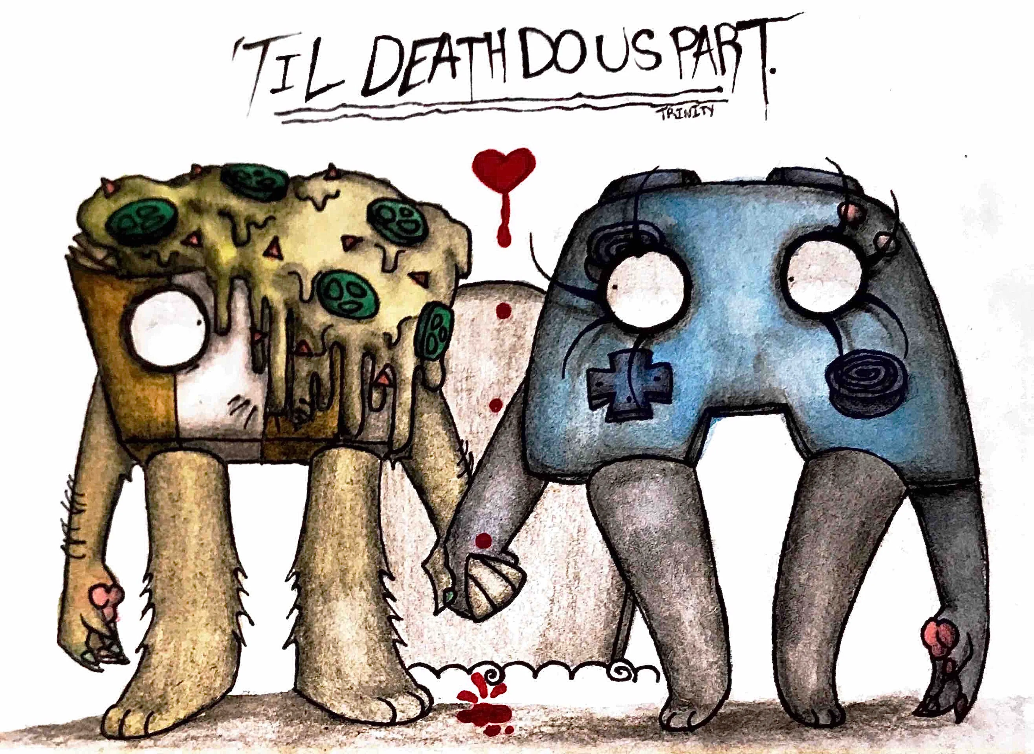 Controller and Nachos holding hands in front of a grave stone, looking at each other, but facing towards the viewer head-on. In between them is a dripping red heart. Text above them reads, 'Til Death Do Us Part.'