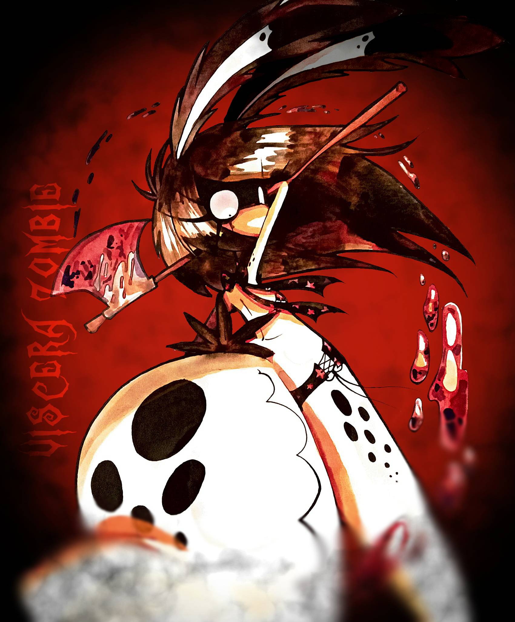 Viscera Zombie wearing a bikini, looking down at the viewer, raising an axe above his head with blood trailing behind it.