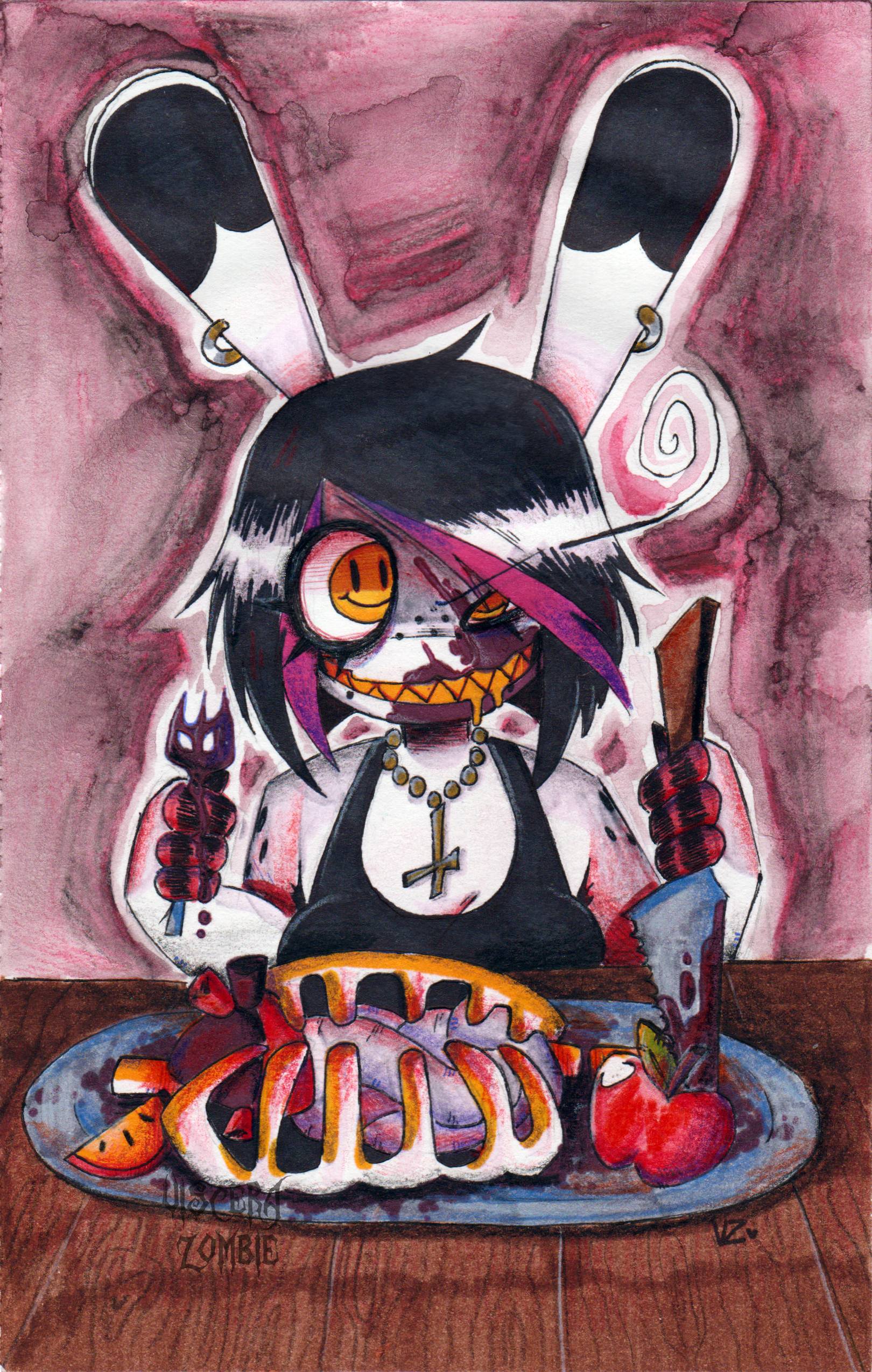 Viscera Zombie holding a bloody fork and knife, staring with an evil grin directly into the camera, blood splattered all over it's face. On the table in front of him is a large silver platter with apples, a ribcage, and organs.