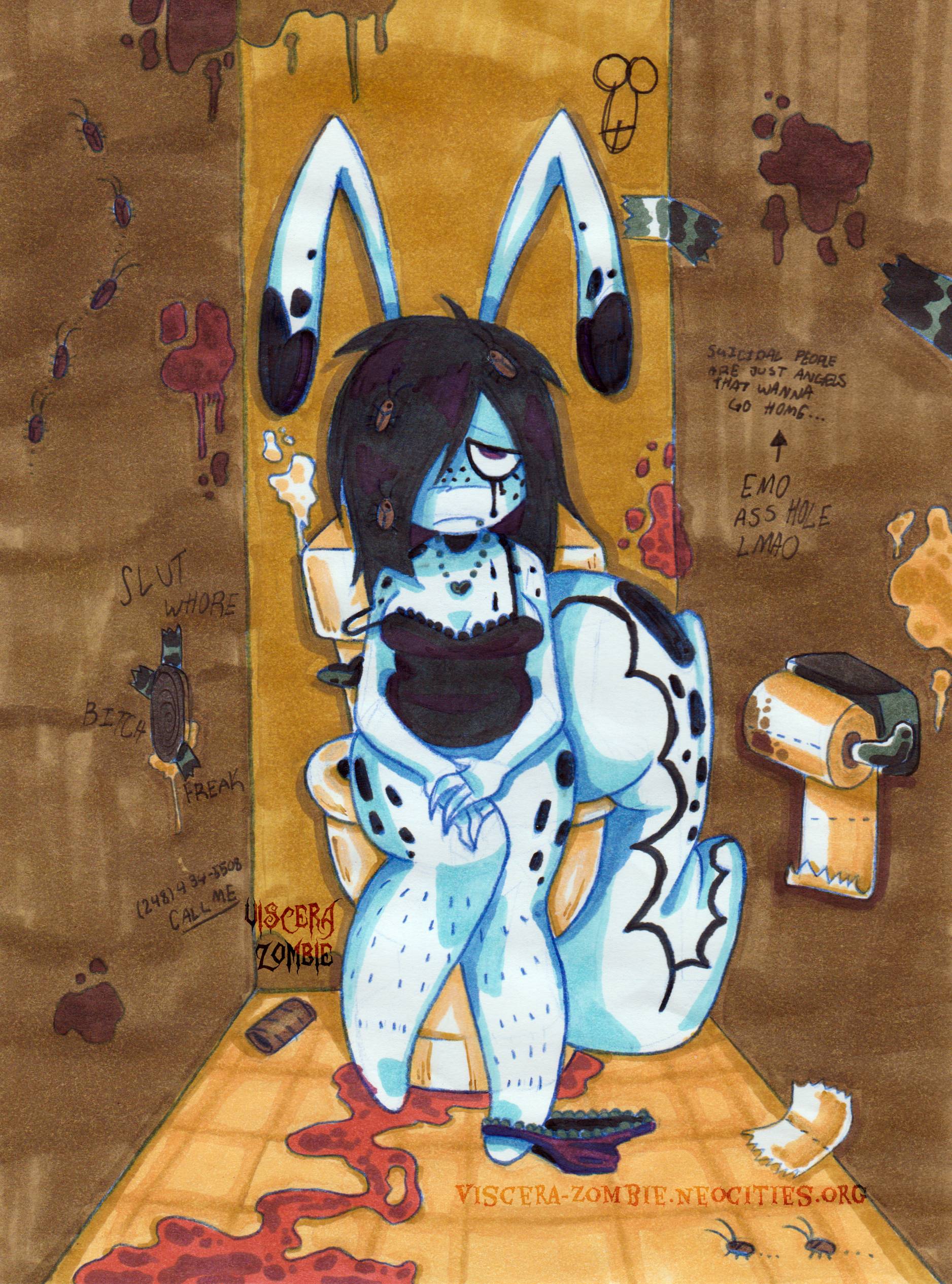 Viscera Zombie sitting on a toilet in a crowded bathroom stall, surrounded by filth and blood, looking depressed. There is graffiti on the walls and cockroaches everywhere, including in his hair.