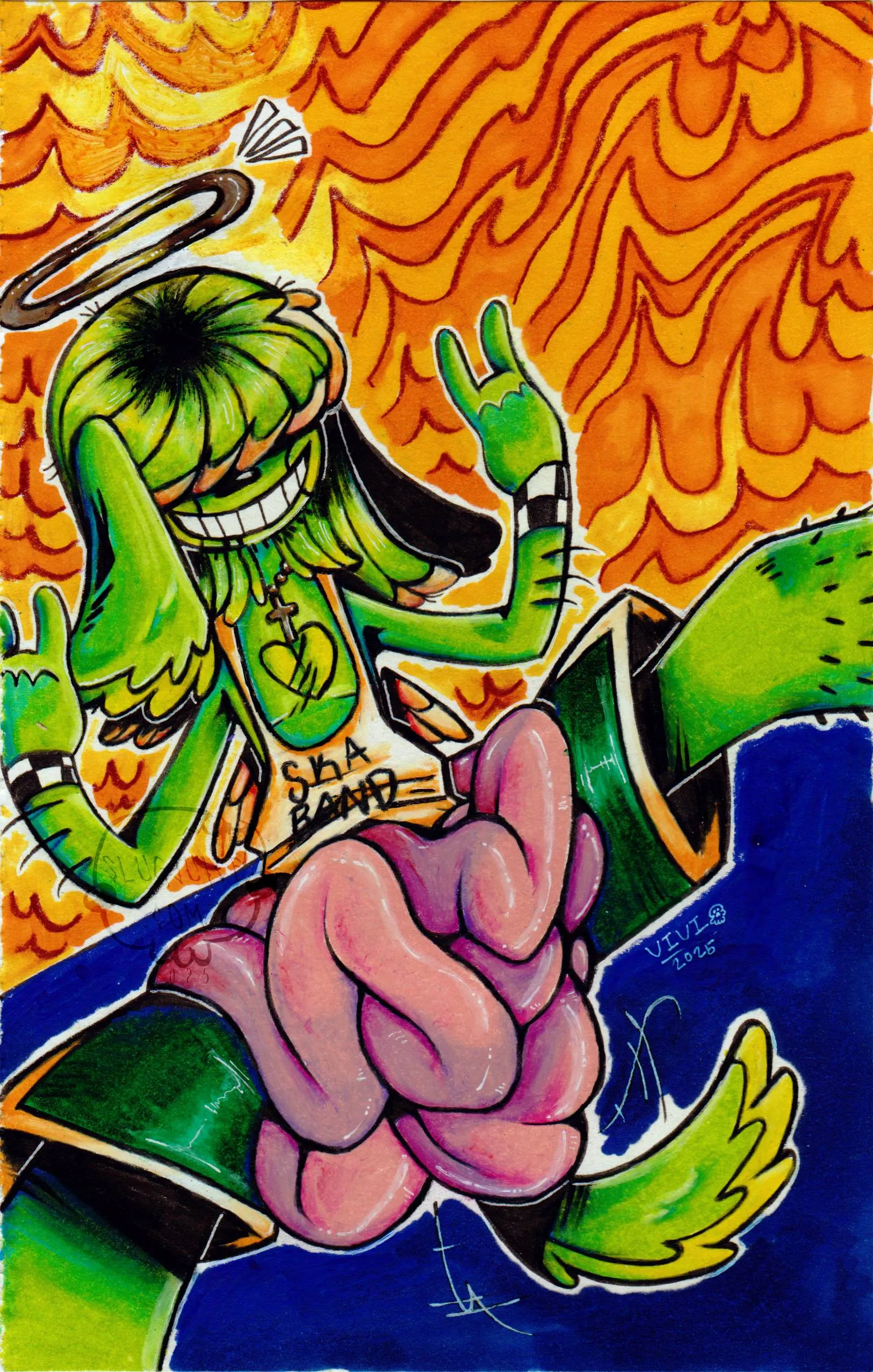 Misha Maggot sitting on a blue floor with fire blazing behind him, grinning wide and wagging his tail, despite his guts spilling out from under his shirt.