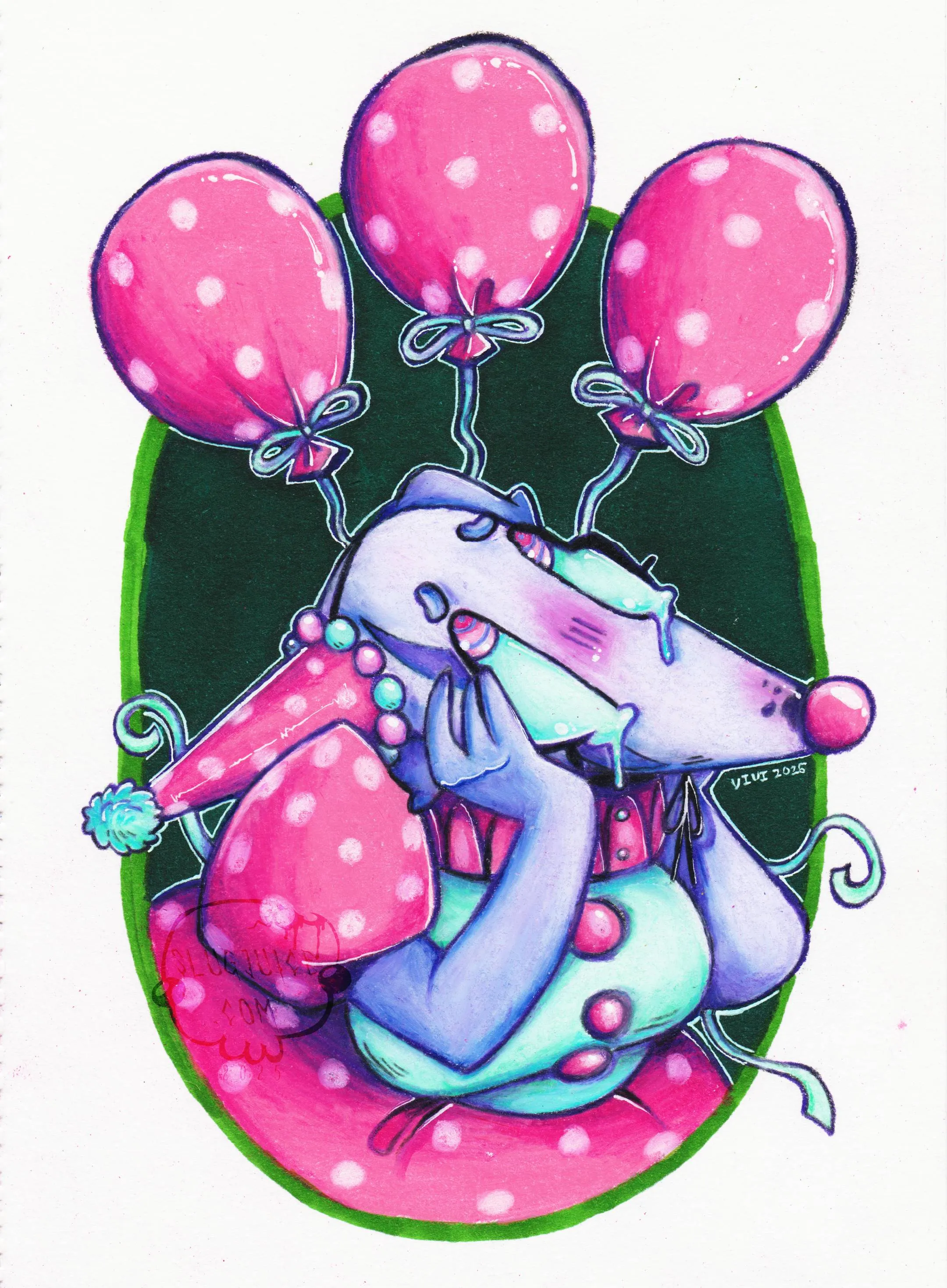 A sad borzoi girl in a pink polka-dot clown costume, crying and staring up at three balloons that match the costume she's in.