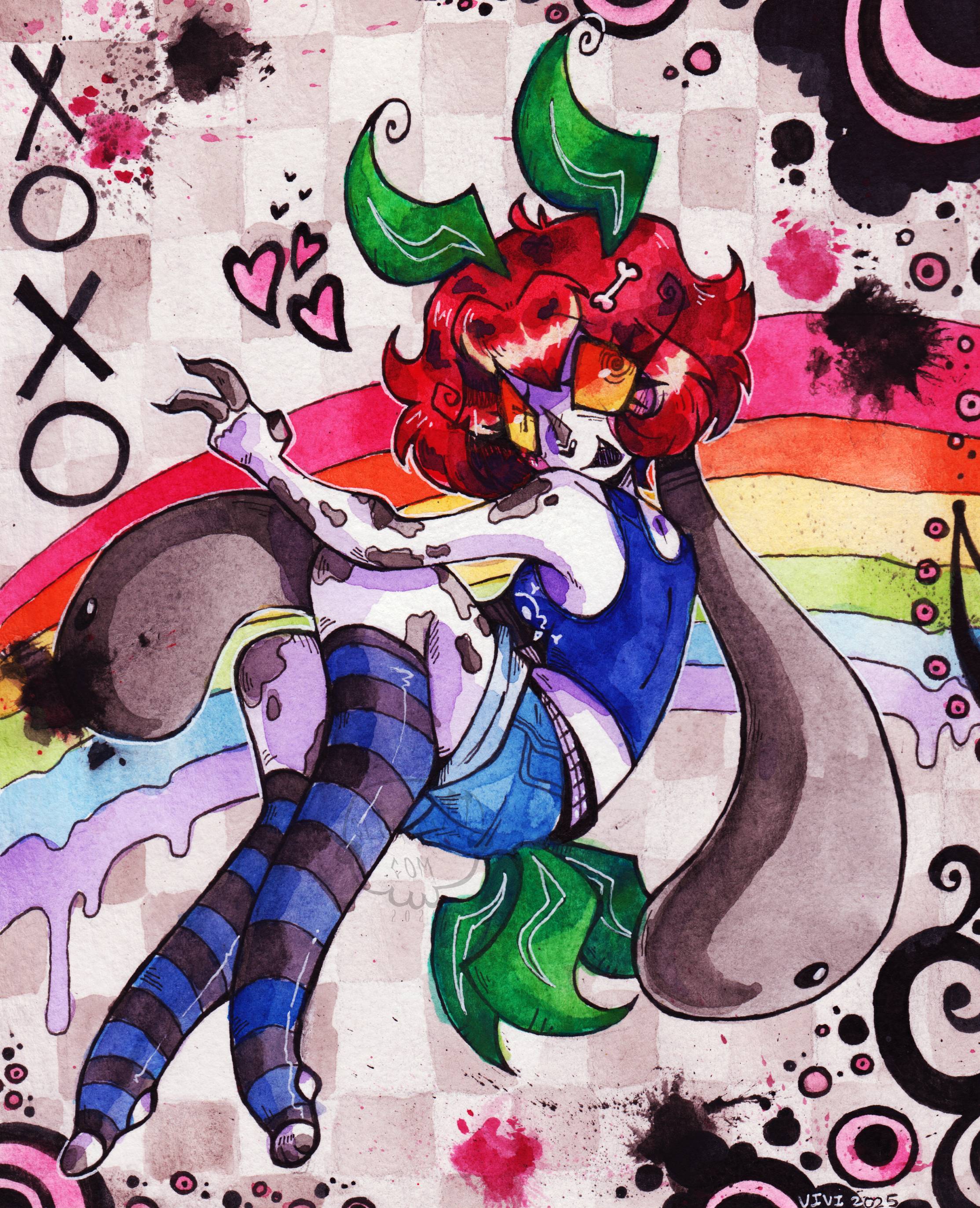 Carbon, my girlfriend's fursona based on a leaf sheep, poses against a Frutiger Metro–inspired background featuring checkerboard patterns, paint splatters, hearts, and swirling shapes that frame the piece.