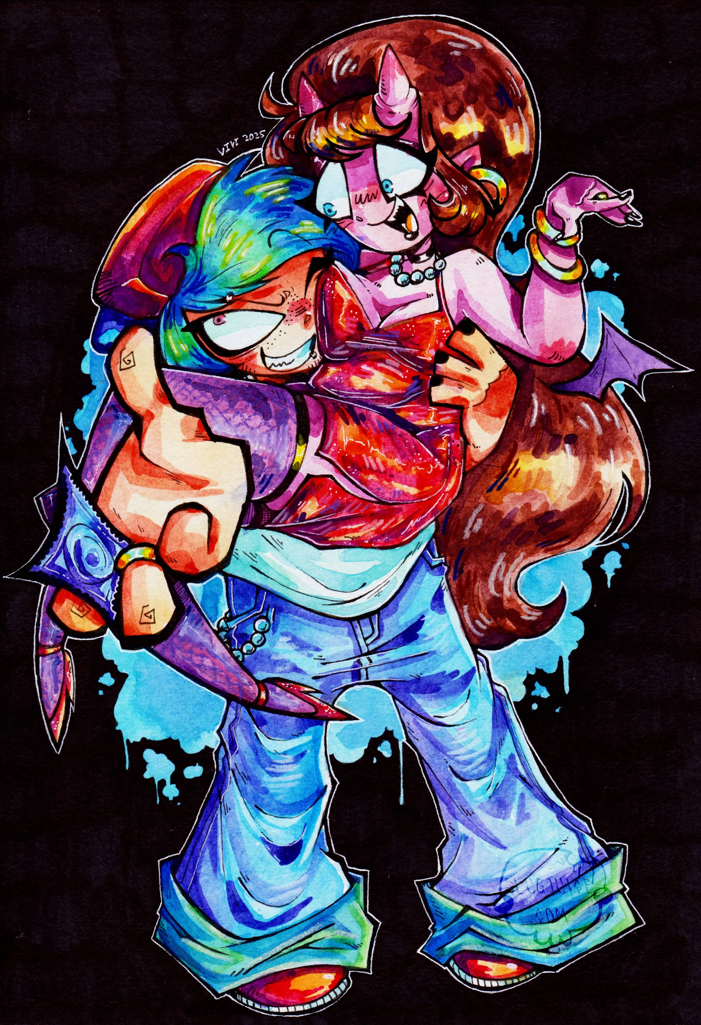 Boyfriend from Friday Night Funkin' holding Girlfriend bridal style. He stares up smugly at the camera while holding out his hand with a blue condom between his fingers, while one of Girlfriend's breasts squishes against his face, and she looks down happily at him.