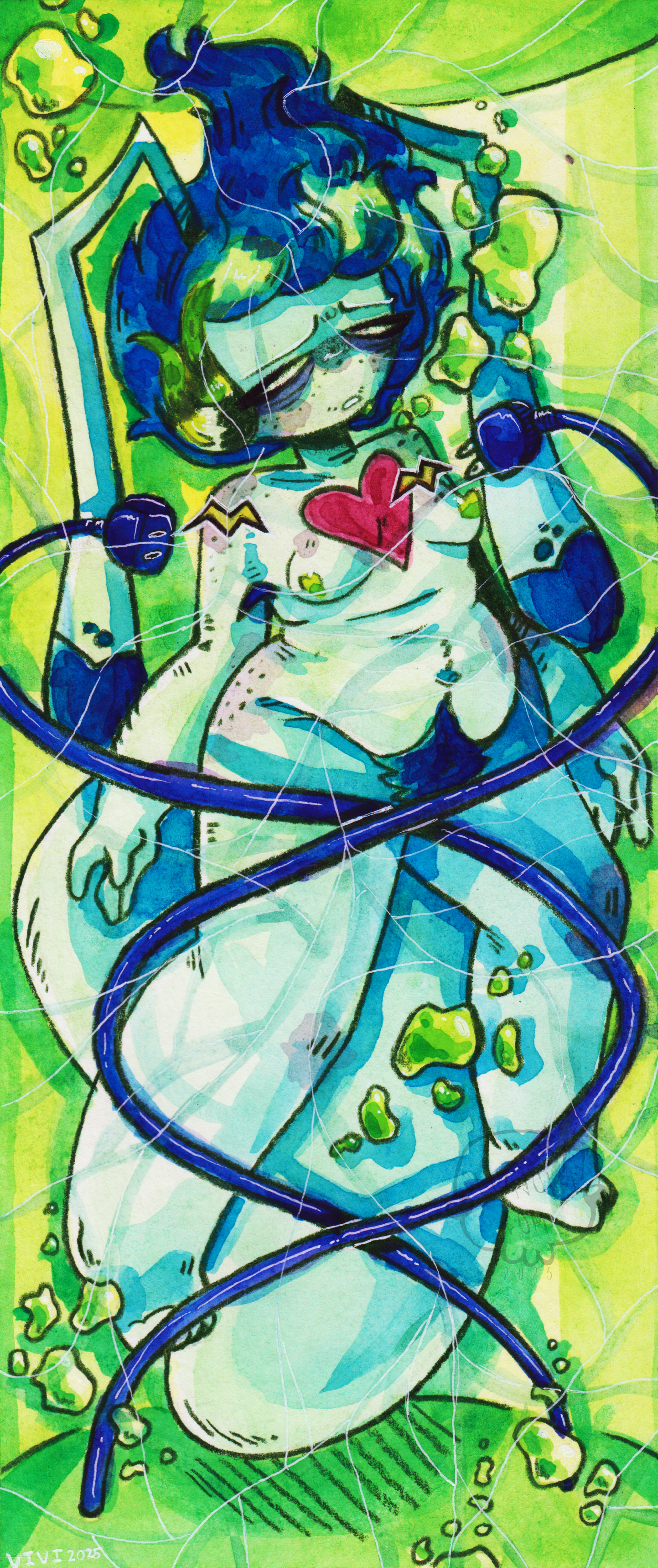 Viscera's pre-zombification corpse floating lifelessly in a tube of green liquid, being zapped in the heart by tangled wires, as if being plugged into a machine.