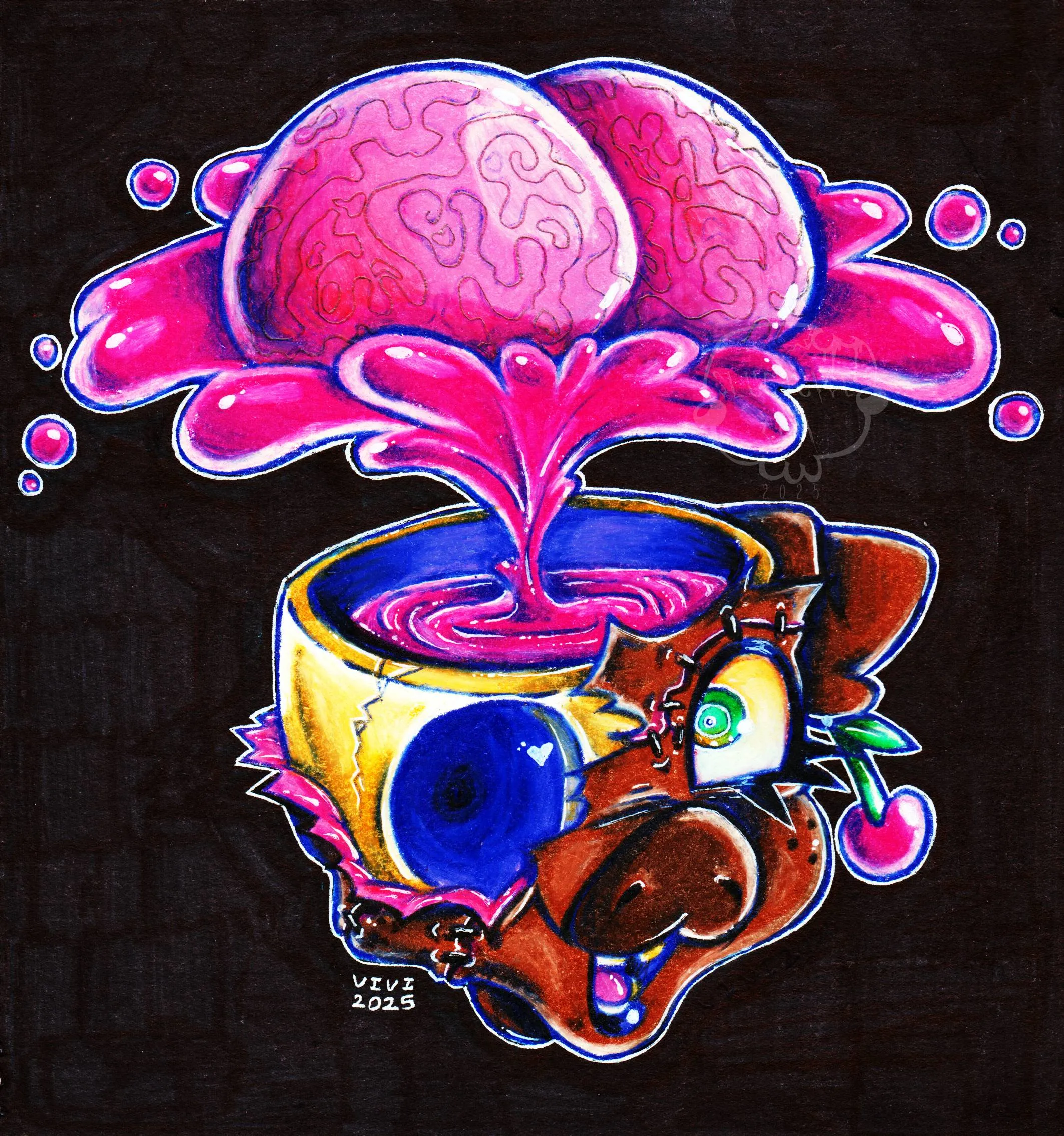 A bust shot of Cheri Bomb. The entire top of her head has been blasted open by a fountain of blood, which is splashing upwards and pushing her brain to the top of the frame.