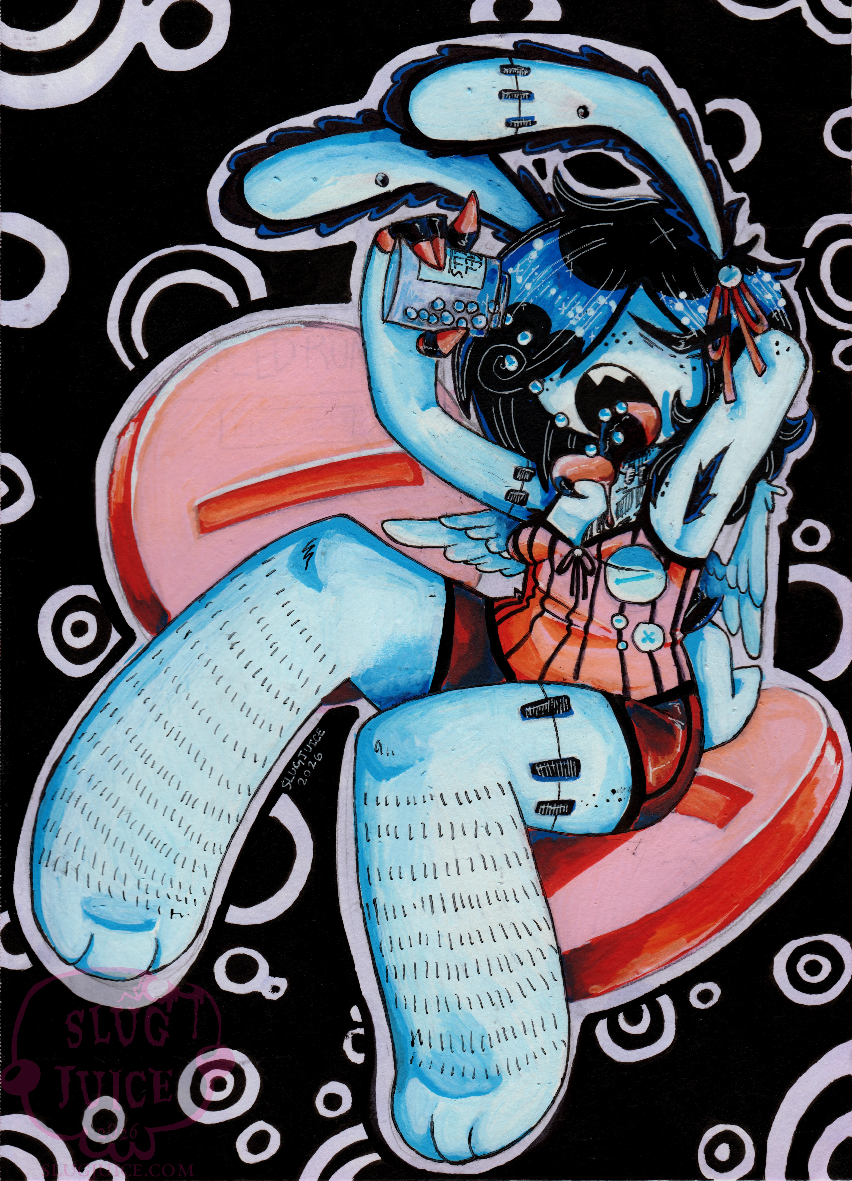 Viscera as an angel downing a bottle of 'angel pills' while floating on two larger pills.