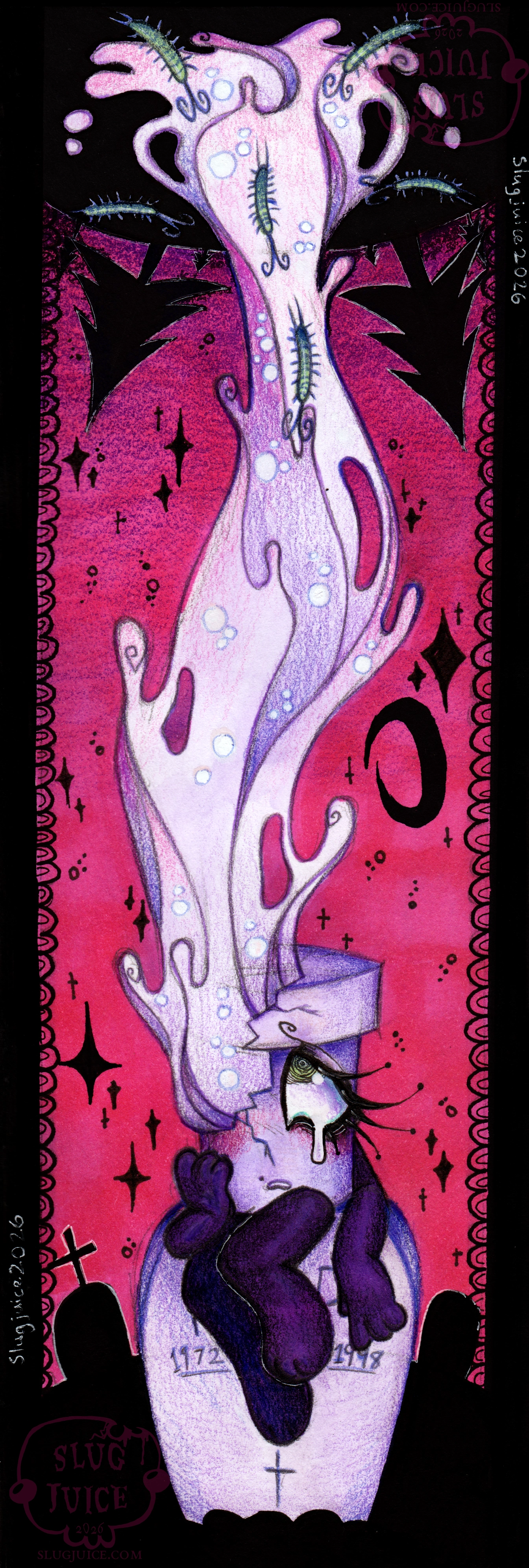 Glowy sitting on a headstone in a graveyard, half of her face cracked open, with glowstick fluid flowing up into an inverted forest. Bugs are crawling up into the fluid.