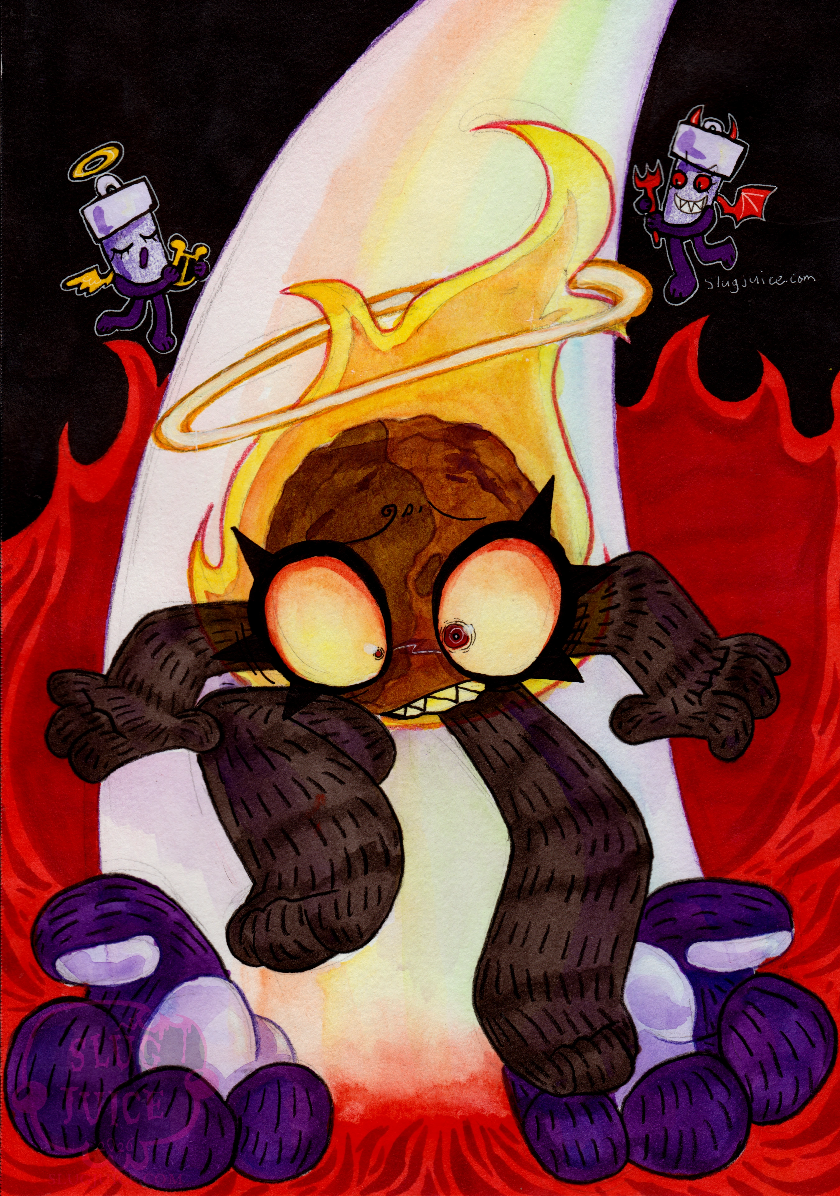 Fireball frightfully sliding down a pastel rainbow into Hell, which is being held in Glowy's hands, as small angel and devil Glowys loom above her.