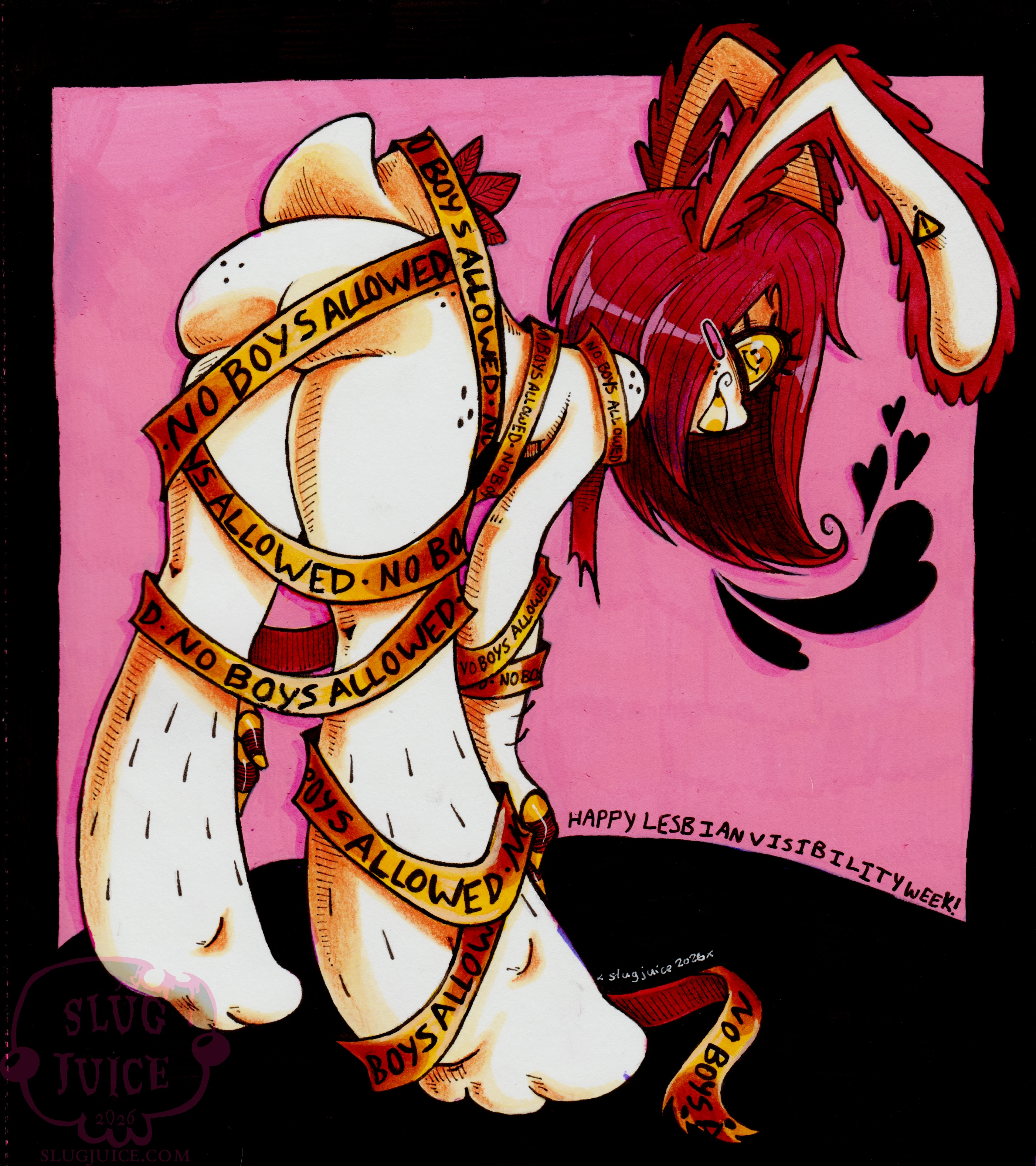 Viscera wrapped up in caution tape that reads, 'No Boys Allowed!' posing in a suggestive manner and grinning at the camera.