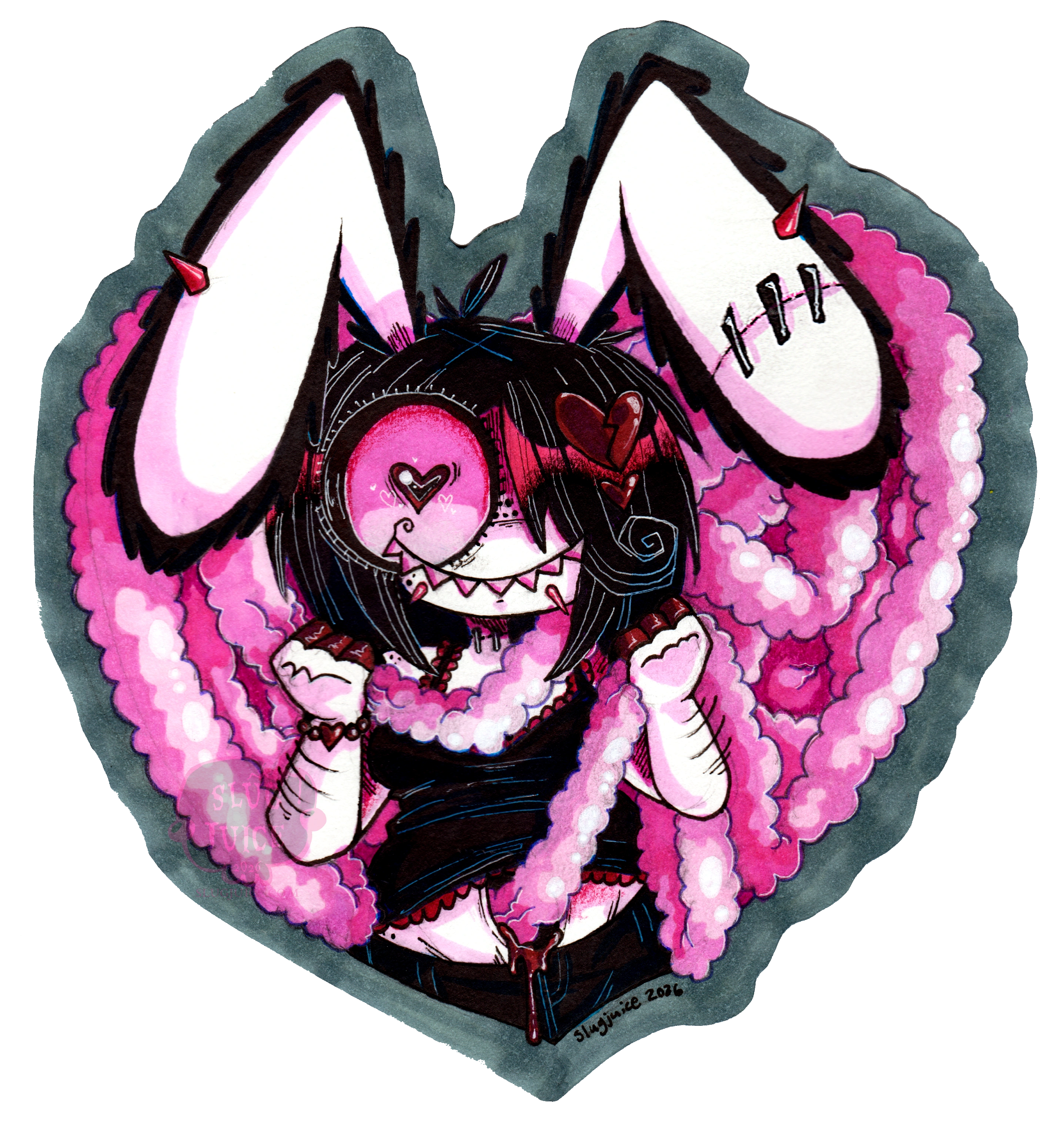 Viscera holding her own guts, which are forming a heart-shaped backsrop behind her.