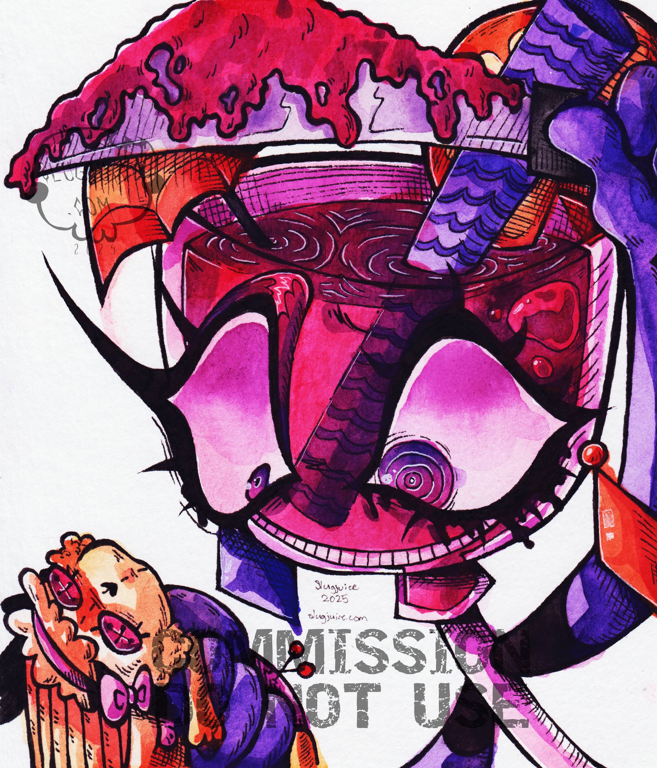 A wine glass of what appears to be fruit punch holding a bloody machete over a voodoo doll of a sheep-like character. The glass is wearing makeup which is melting away, and giving a wide grin with an unnatural amount of teeth.