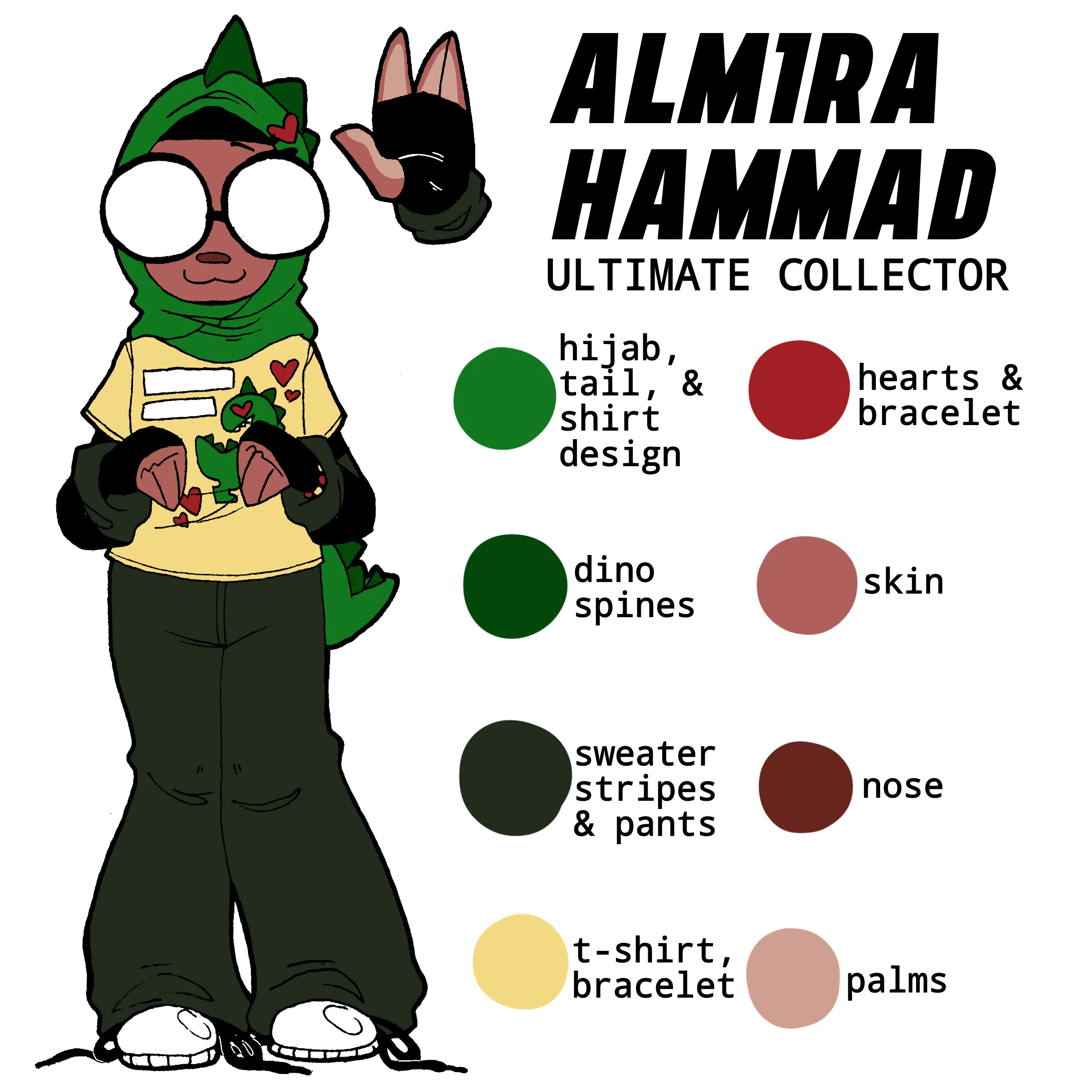 Almira Hammad, the Ultimate Collector, a hijabi character with large round glasses, a green hijab with dinosaur spines on it, a matching plush dino tail, a yellow t-shirt, gray sweatpants, and a striped sweater.
