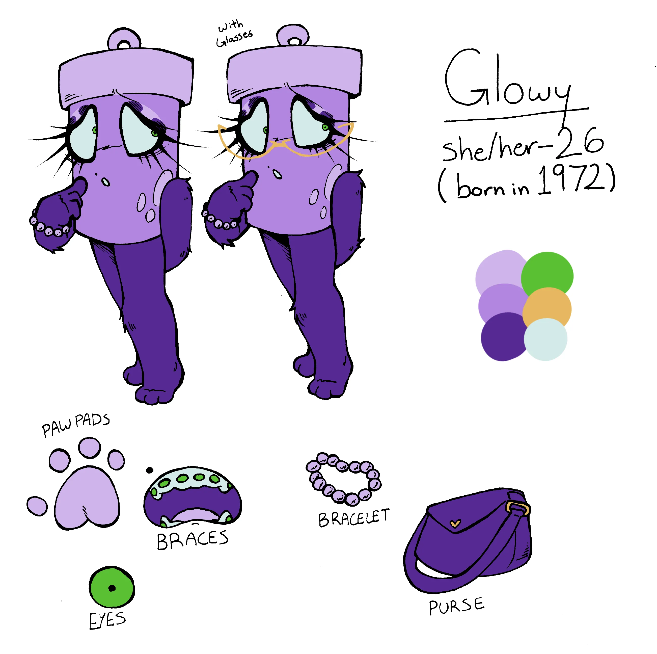 Glowy, a lavender glowstick with a lighter colored cap. She is wearing eyeshadow and has a beauty mark above her upper lip. She has violet limbs and lavender paw pads, and is wearing a pearl bracelet on her right wrist. She also has braces on her teeth.
