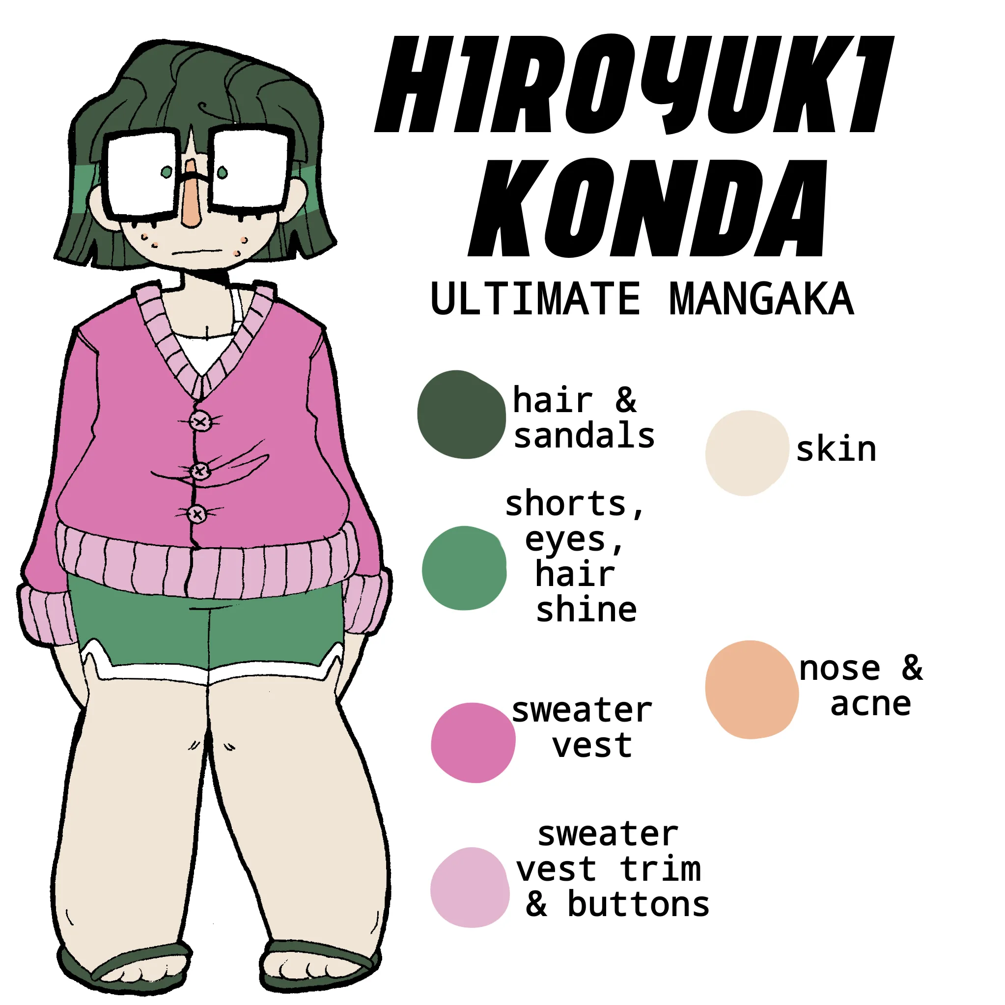 Hiroyuki Konda, the Ultimate Mangaka, a short and fat person with a short green bob cut, wearing a pink sweater, teal shorts, square glasses, and sandals. Their face is also covered in acne.