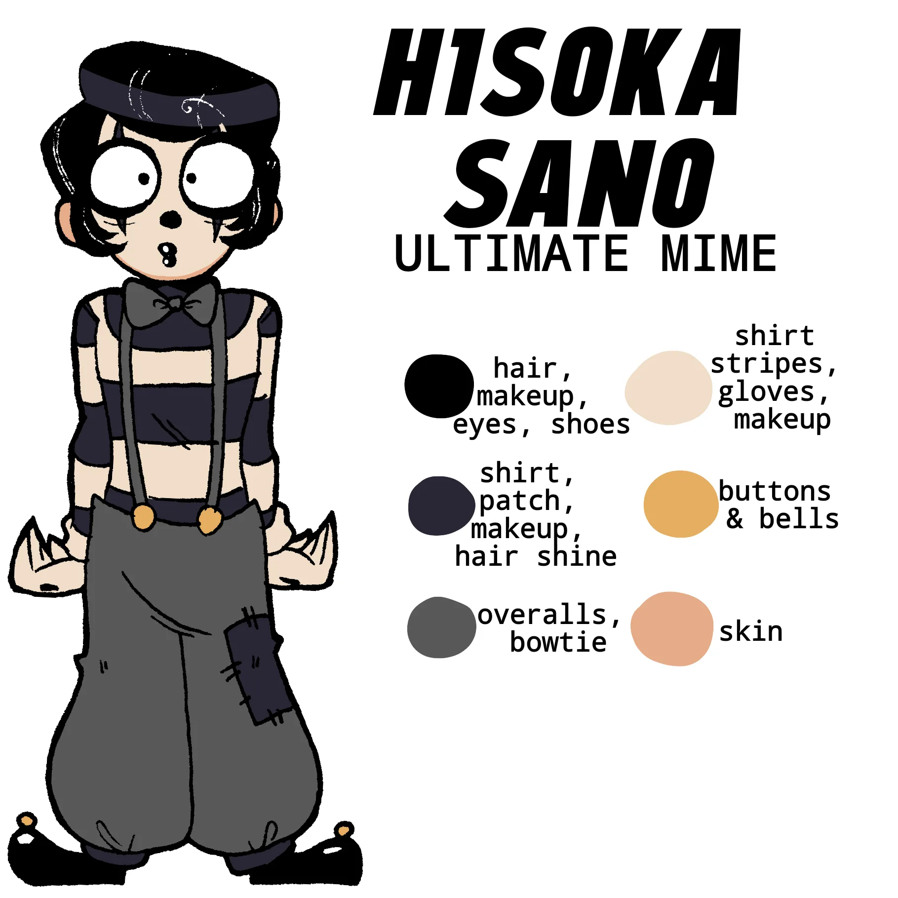 Hisoka Sano, the Ultimate Mime, a short and slender man in a mime costume with black and white makeup, slicked back black hair, and black eyes.