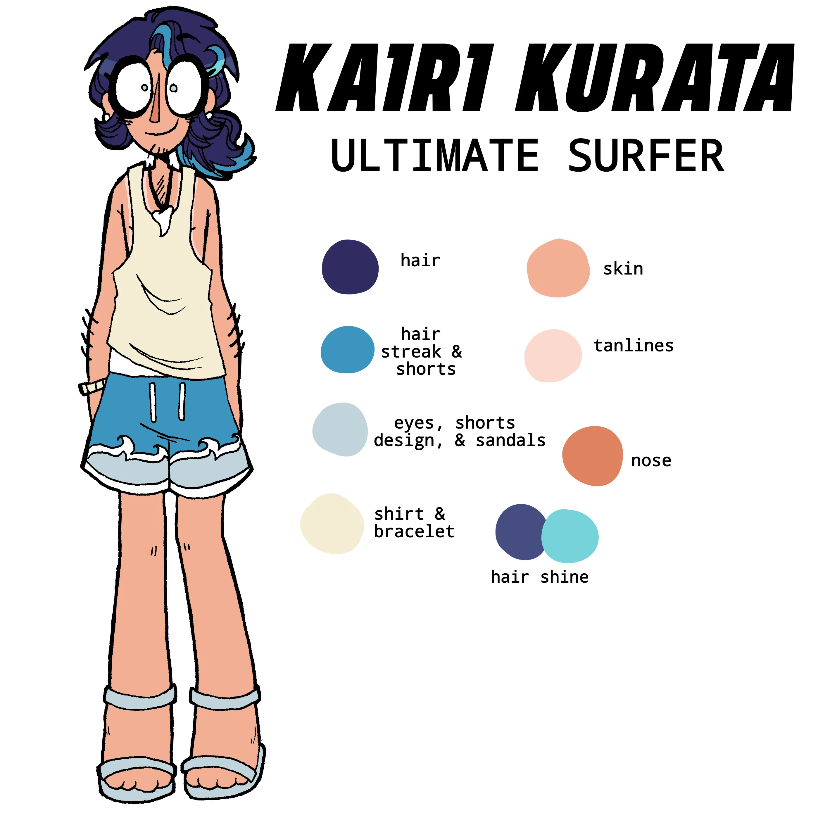 Kairi Kurata, the Ultimate Surfer, a tall and thin man with slight stubble on his chin, blue hair in a low ponytail, blue eyes, a tan tank top, blue swim trunks with a wave design, and sandals. He has visible tanlines.