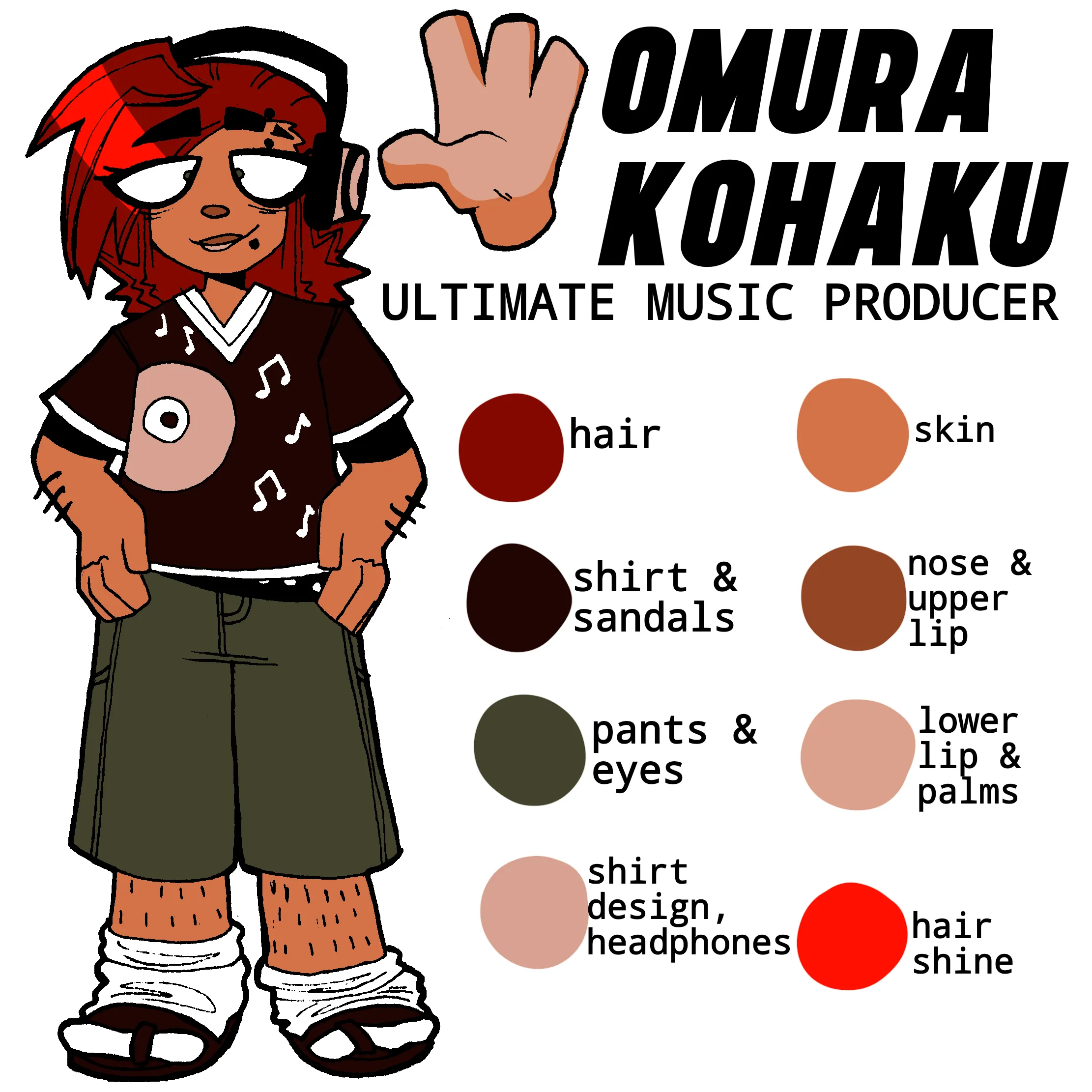 Omura Kohaku, the Ultimate Music Producer, a short and fat man with facial piercings, straight red hair, green eyes, wearing headphones, a dark red jersy, green knee-length pants, and socks with sandals.