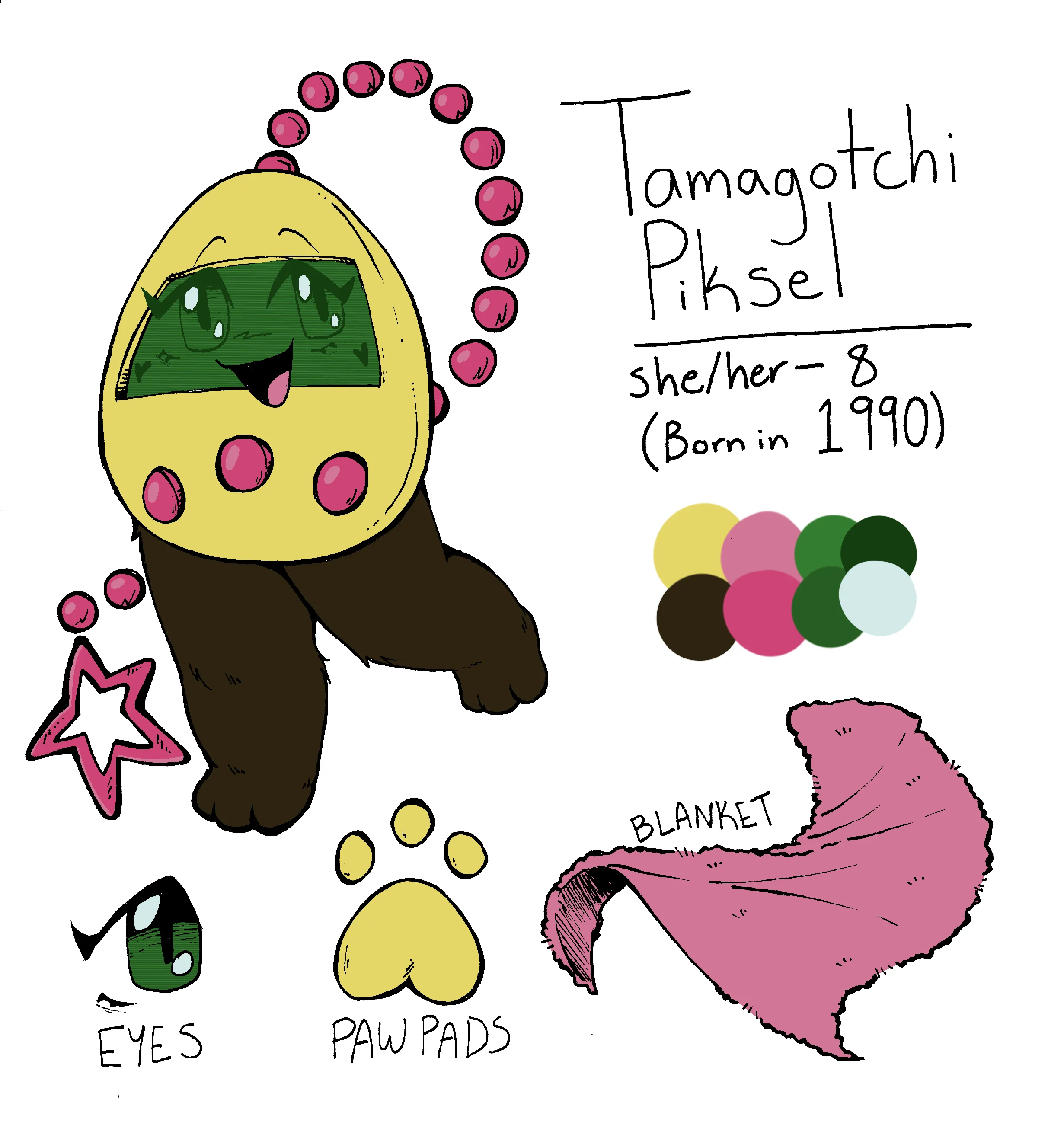 Tamagotchi, a yellow Tamagotchi virtual pet system with a pink keychain, the clip being shaped like a star. She does not have arms. She has dark yellow legs, yellow paw pads, and a green screen with darker green anime-styled eyes and hearts on her cheeks.