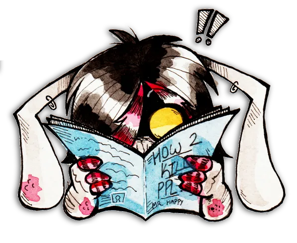 Viscera reading a book titled 'How (to) Kill (People).