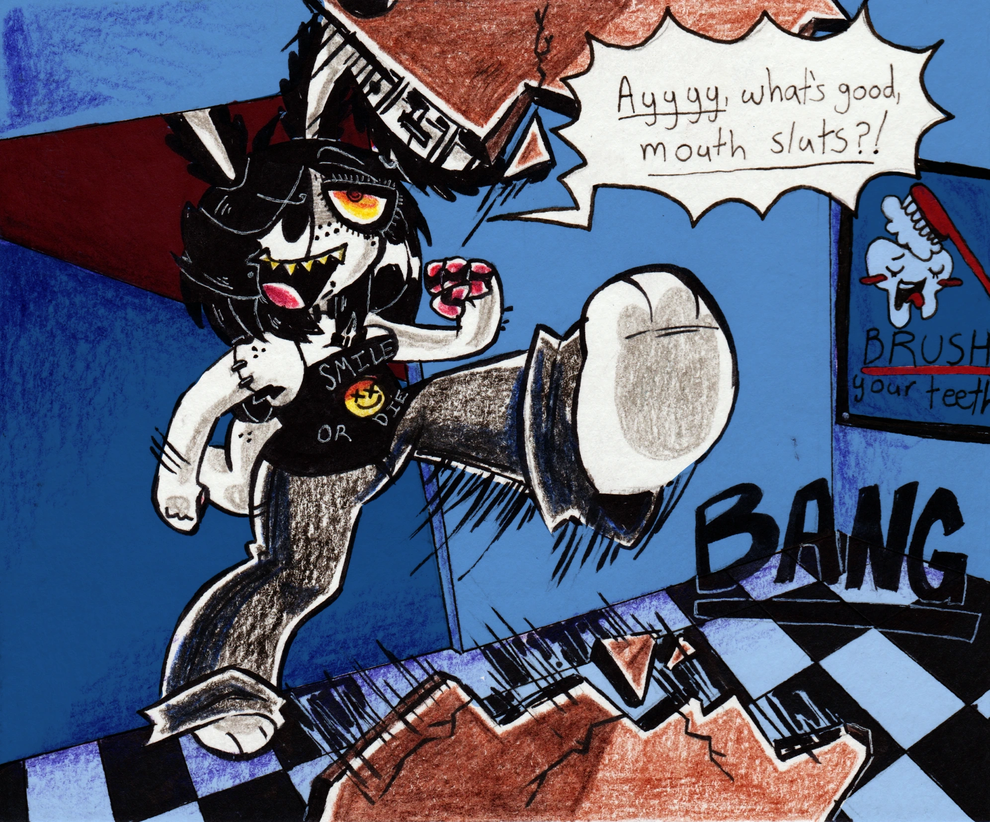 Viscera, a white sea slug with freckles, black hair, and stitches along her body, bursts into the exam room, breaking the wooden door clean in half. They're wearing a black tank top with a smiley face that reads 'Smile Or Die'. They shout, 'Ayyyyy, what's good, mouth sluts?!'