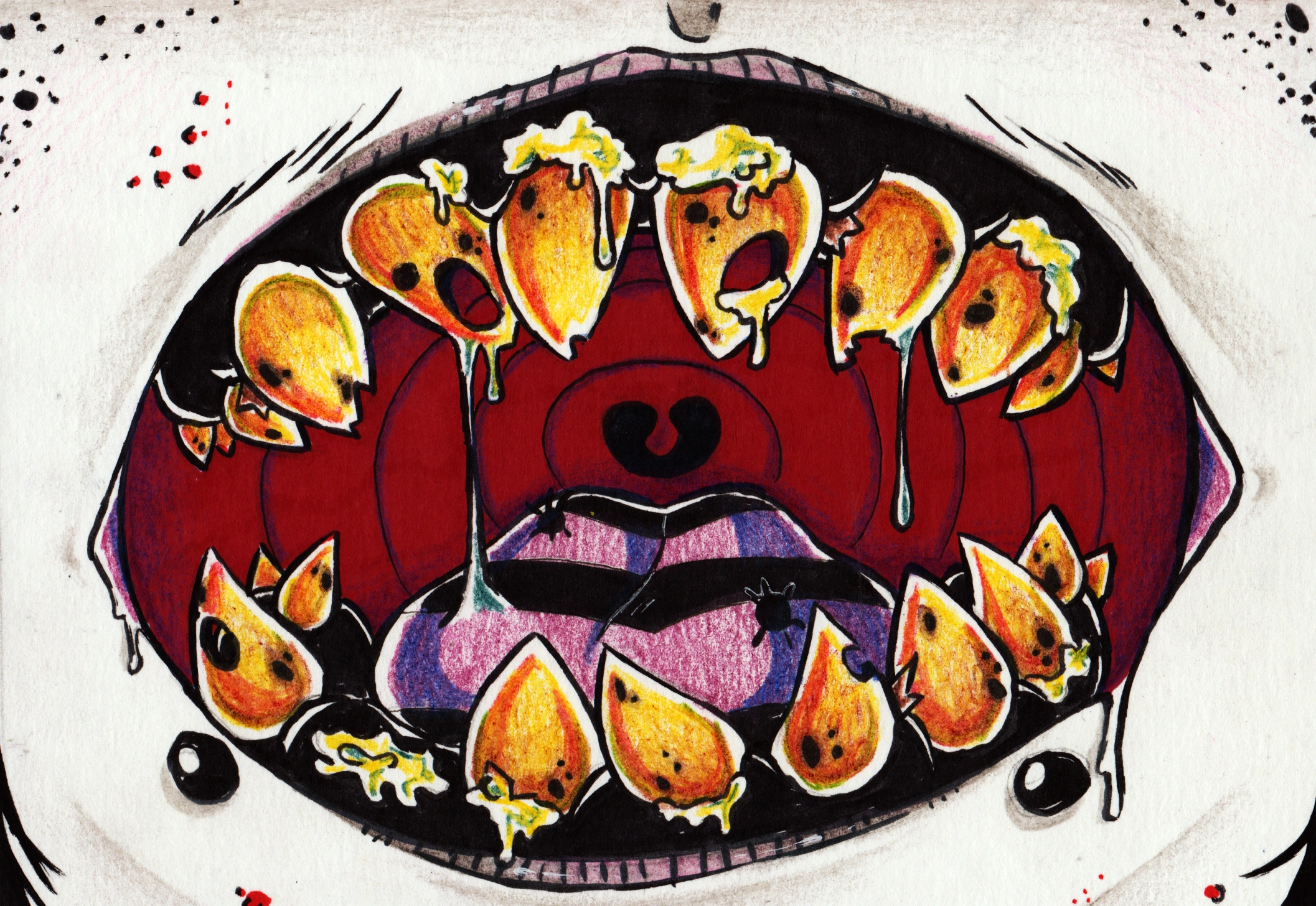 A semi-realistically rendered, overly detailed close-up of Viscera's mouth, which is exaggeratedly disgusting. There's holes in her teeth, puss oozing from their gums, bugs on their tongue, and food in between their teeth. Their teeth are crooked, heavily yellowed, and riddled with cavities, their gums are jet black and swollen with infection, and saliva is everywhere.